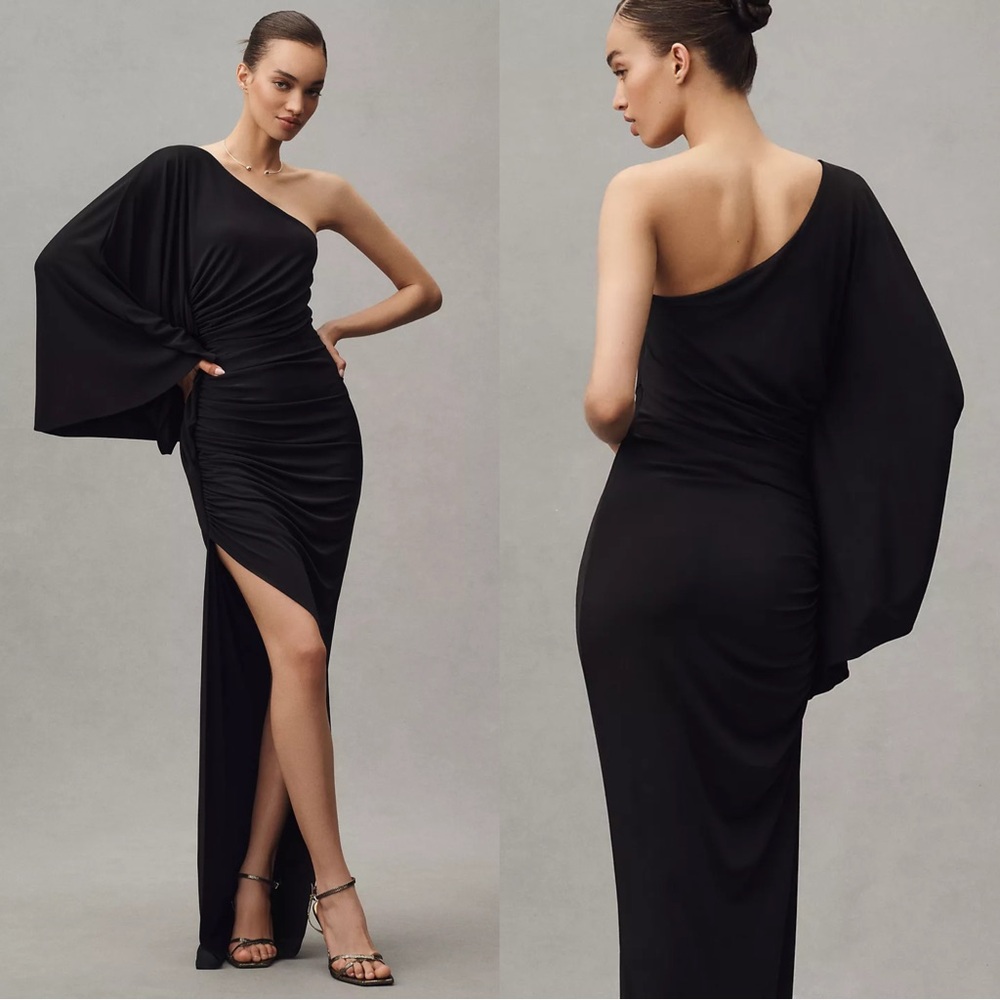 Ronny Kobo Kallista Ruched Maxi Dress Black One-Shoulder Cocktail Evening Gown